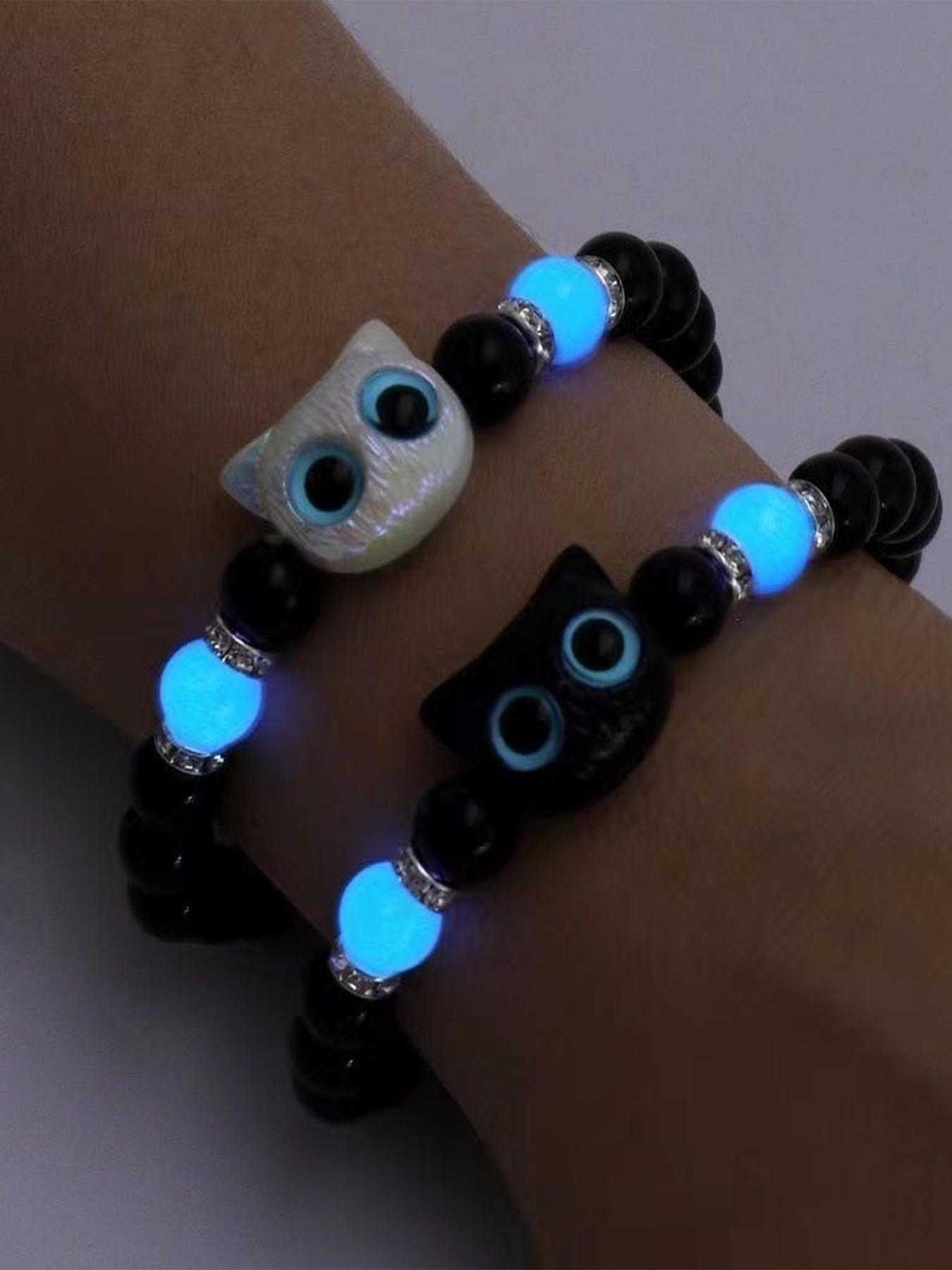 Cute Cat Charm Decor Glow in The Dark Design Beaded Bracelets, Bracelet with Charms, Trendy All-match & Exquisite Jewelry for Women & Men As Gift for Party, Daily Clothing Decor