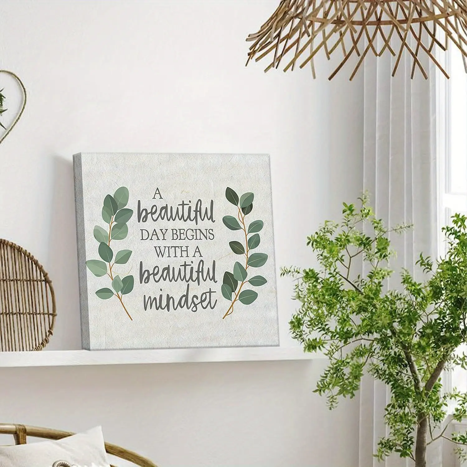 2D Flat, 1pc Framed Inspirational Wall Art, Minimalist Eucalyptus And Green Botanical Prints, Motivational Positive Quotes for Office, Living Room, Or Bedroom, Stylish Canvas Posters for Home Or Workspace Decor