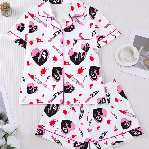 Halloween Pajama Set Pjs, Gothic Print Women's 2-Piece Sleepwear, Short Sleeve Button Shirt & Elastic Shorts, Comfortable Home Wear