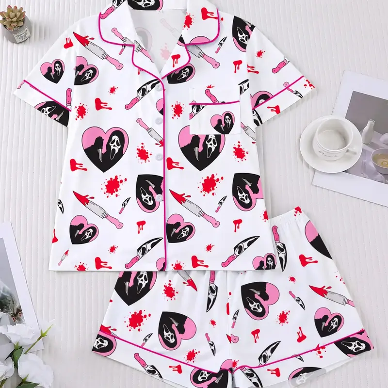 Halloween Pajama Set Pjs, Gothic Print Women's 2-Piece Sleepwear, Short Sleeve Button Shirt & Elastic Shorts, Comfortable Home Wear