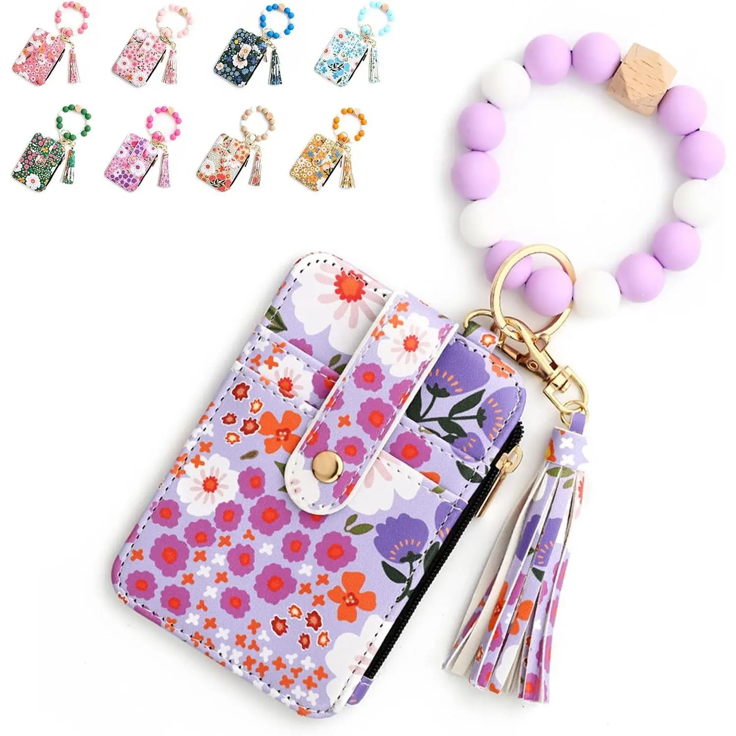 Women's Compact Wristlet Bracelet Keychain - Zip Slim Silicone Beaded Bangle Wallet with 1 x Large ID Window, 4 x Card Slots, Tassel Key Ring - Ideal for Casual Use, Birthday Gifts, Durable, Friends, Teachers, Graduation, Great Gifts Choice, Portable