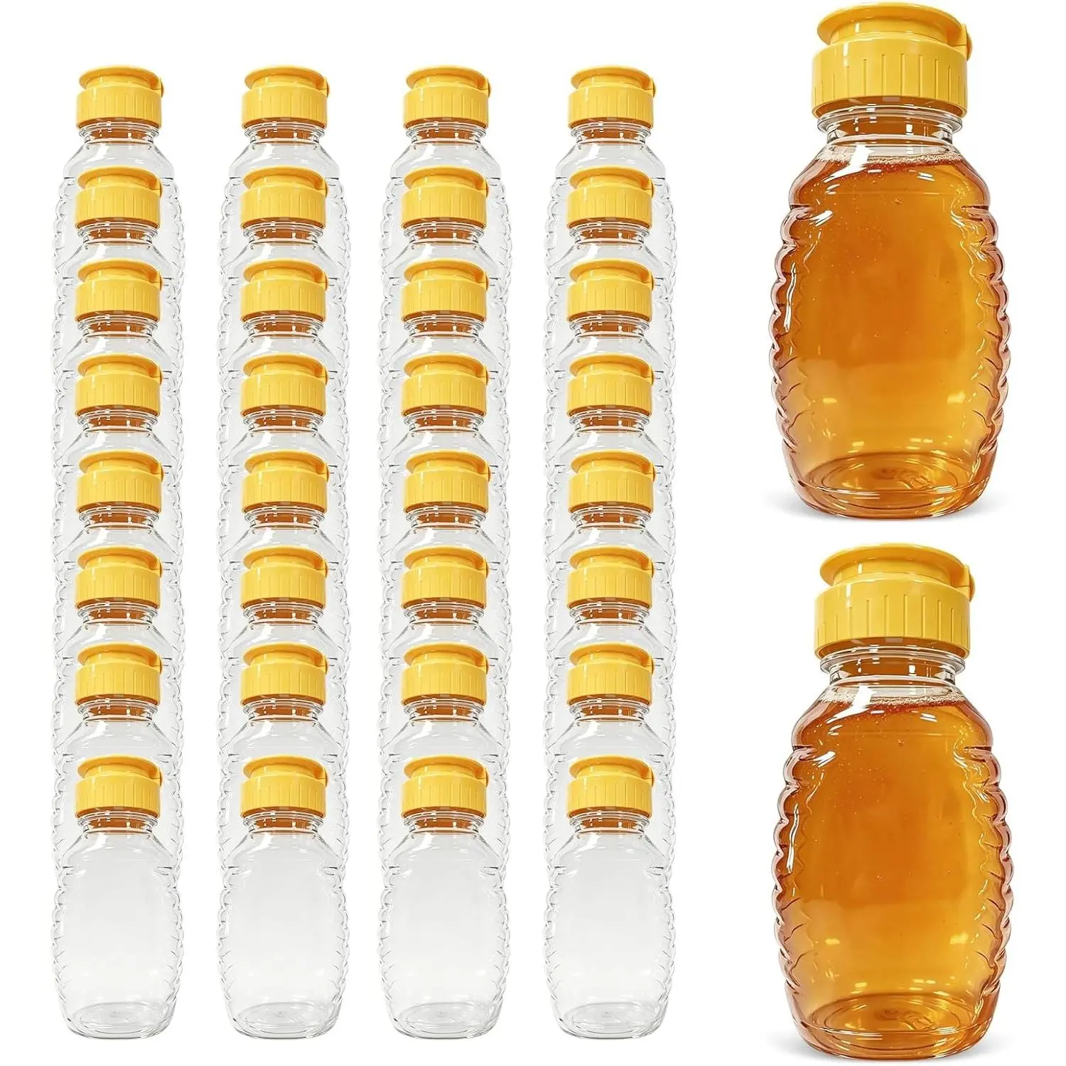 32 Pcs 8.8 oz Clear Plastic Honey Bottles, Empty Refillable Squeeze Containers with Yellow Leakproof Flip Top Caps for Honey Storage