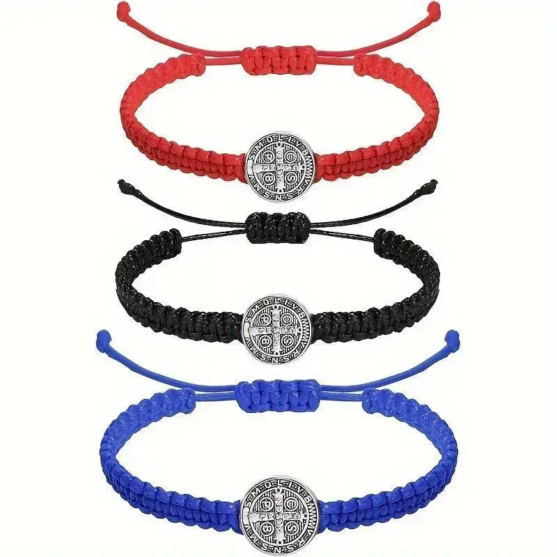 Men's 2-Pack Catholic Saint Medal Matching Sets Bracelets, Adjustable Black-Red Cord, Sporty Slim Unisex Fit Minimalist Religious Jewelry, Birthday Spiritual Gift Accessories
