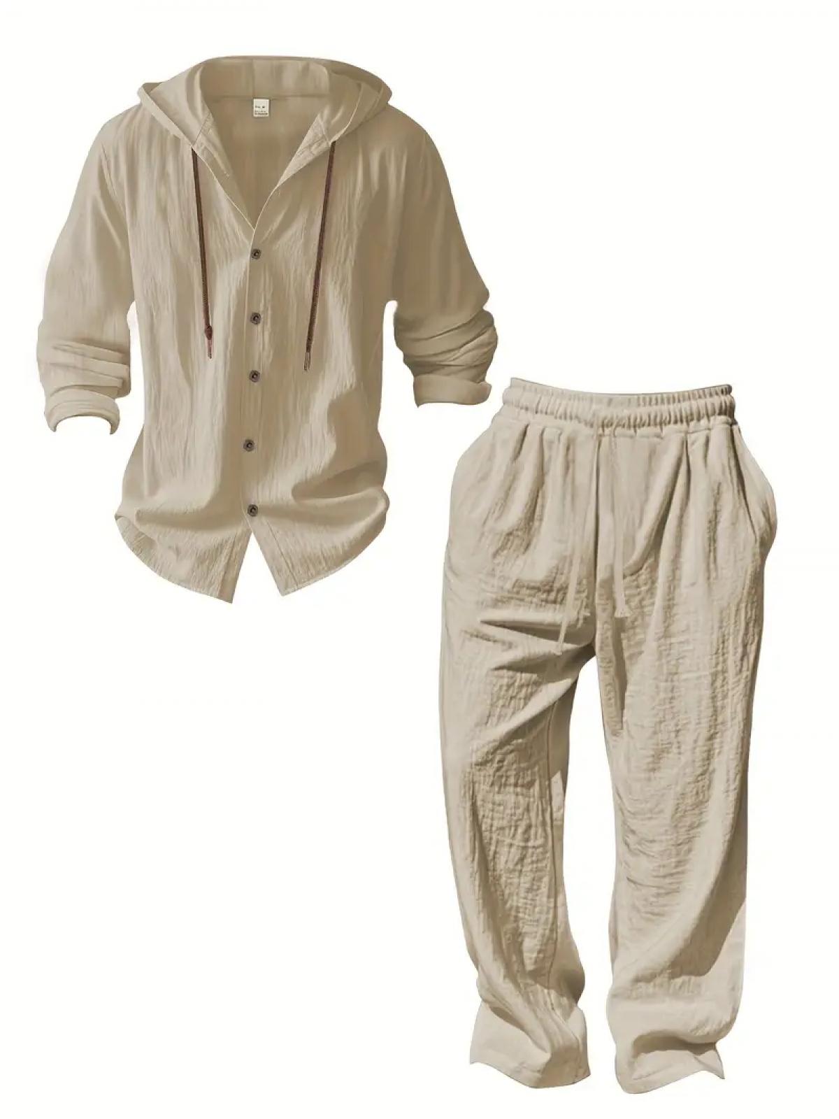 2-Piece Set Men's lightweight  Trendy Hooded，Made From Soft Linen，Casual Vacation Style, Loose Fit Breathable Fabric,Long Hoodie & Wide-Leg Pants, Summer Wear outdoorfun Sweatshirt Clothes Fashion Trouser