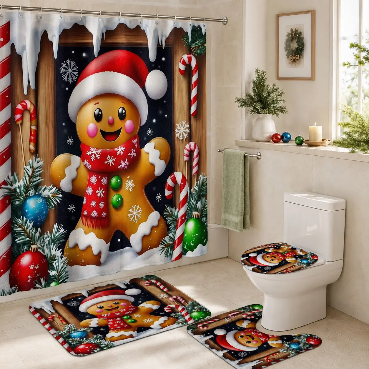 4pcs Cozy Winter Christmas Shower Curtain Set, Santa Snowman Gingerbread Candy Cane, Festive Bathroom Decor, Tiktok Trending
