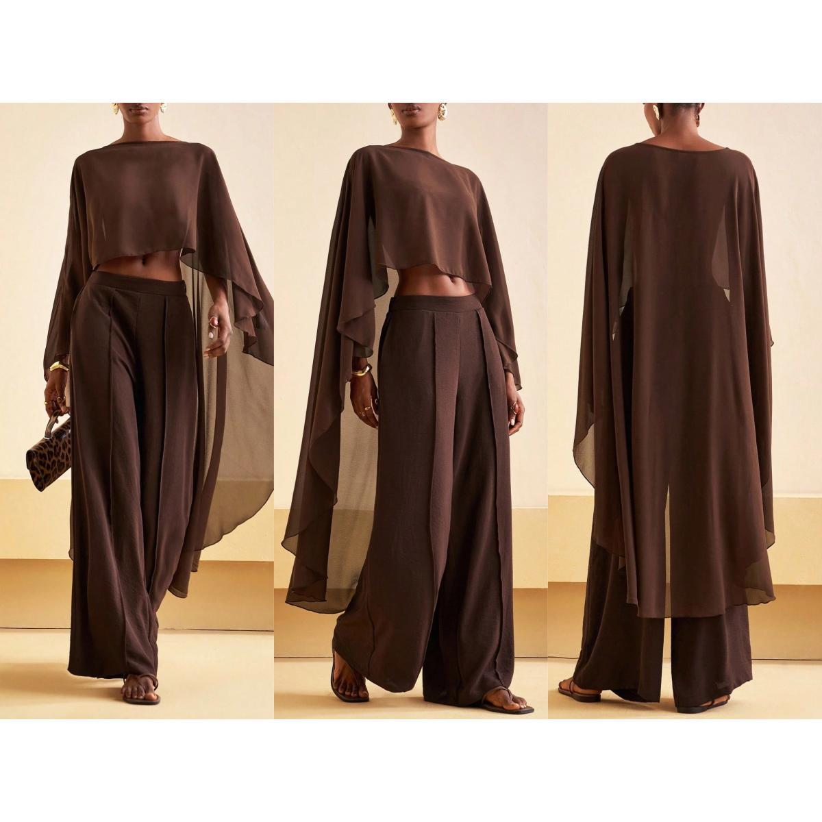 Women Chiffon Long Cape High Low Flowy Poncho Sheer Mesh Shawl See Through Boat Neck Irregular High Low Coverup Tops