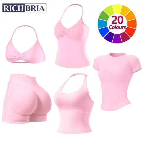 RICH BRIA Gym Sets for Women Seamless Halter Tank Top, Sport  Bra, Short Sleeve T Shirt Tee, High Waist Shorts Set for Yoga and Fitness, Breathable & Comfortable Activewear Summer Two-Piece