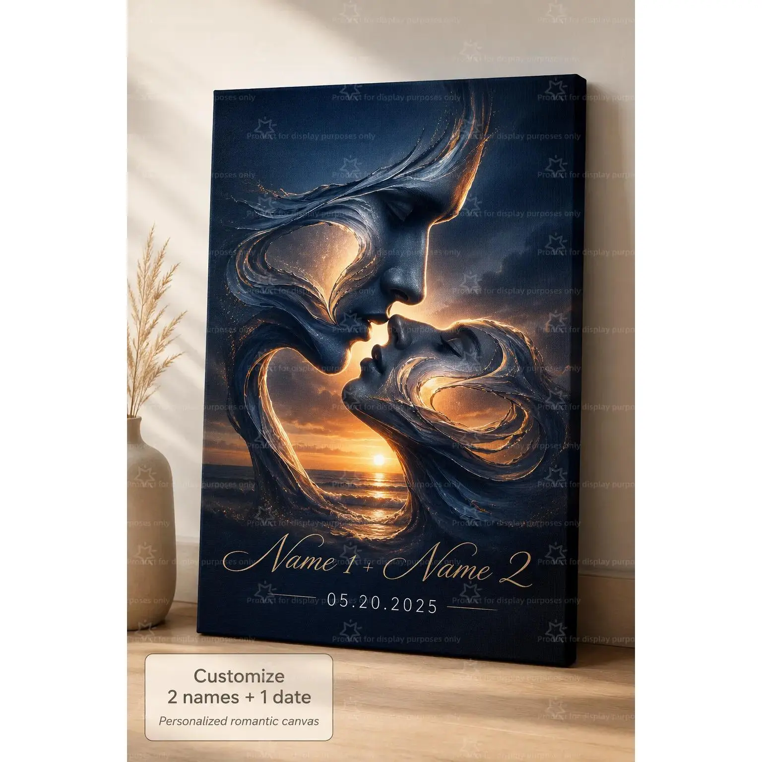 Custom Sunset Ocean Fluid Face Heart Couple Canvas Wall Decor Poster, Dark Romantic Personalized 2 Names & Special Date Print, Wall Art for Bedroom Living Room Apartment, Decor Poster Print, Available as Unframed Canvas Poster or Framed Canvas Wrap