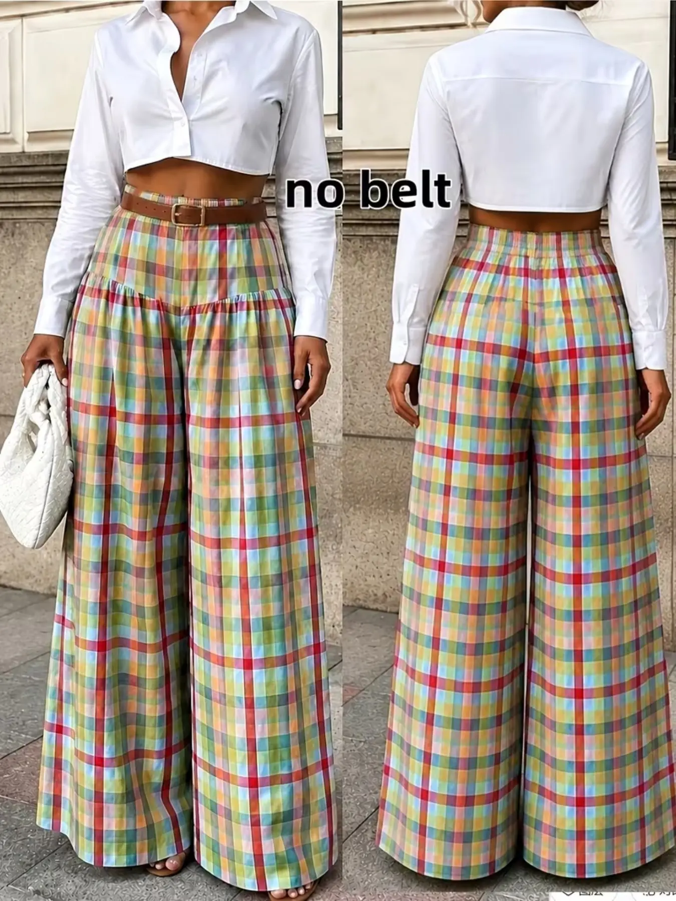 Women's Plaid Elegant Flowy Wide Leg Pants, Woven Fabric, Suitable for Work and Casual Wear, No Belt Included, Comfortable and Stylish, Casual Long Pants