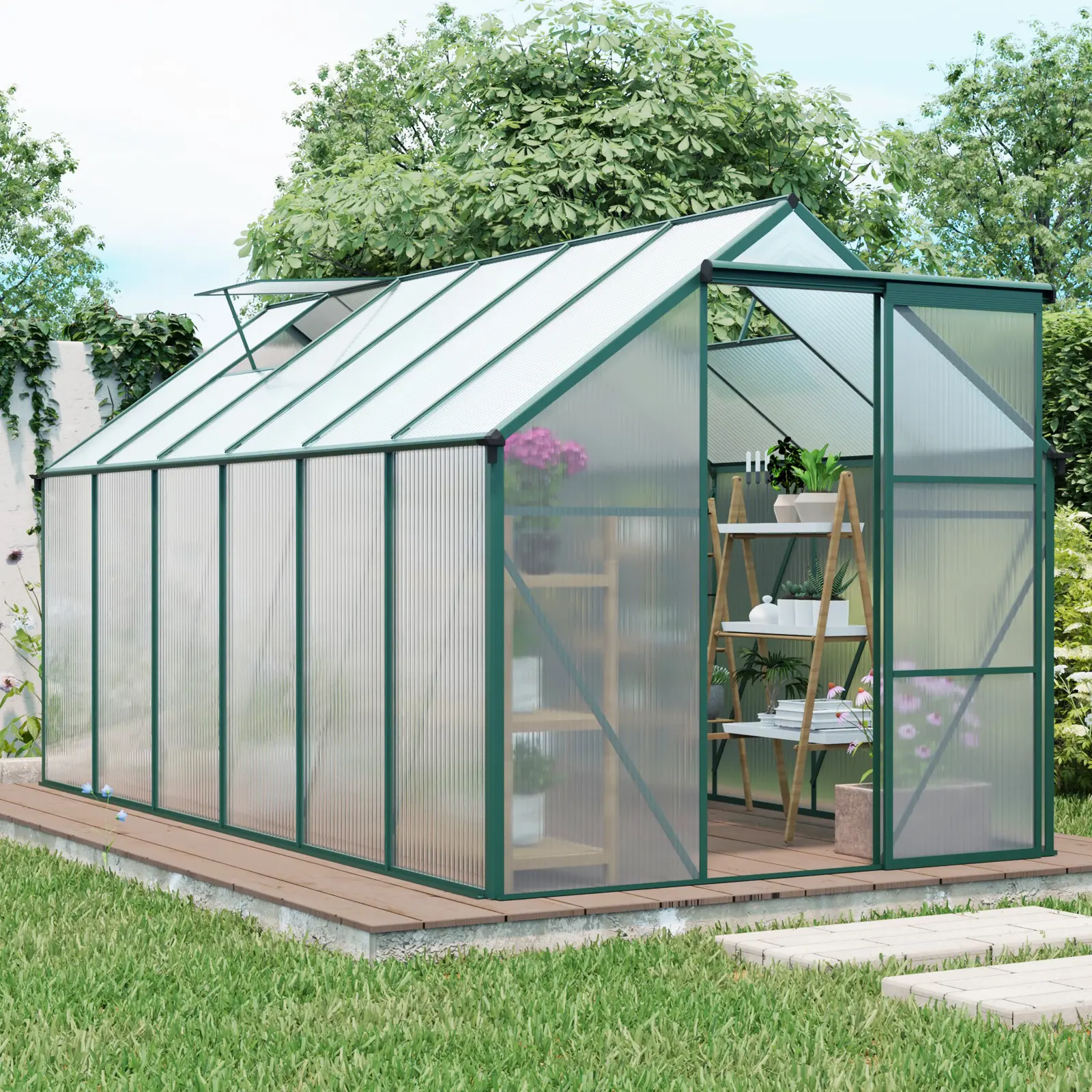 ARCH 6x12 FT Walk-in Polycarbonate Greenhouse with Galvanized Base and Sliding Door, Heavy Duty Aluminum Frame, Adjustable Roof Ventilation, All Season Outdoor Garden Plant House for Backyard, Green, Green Color Options, Aluminium Material