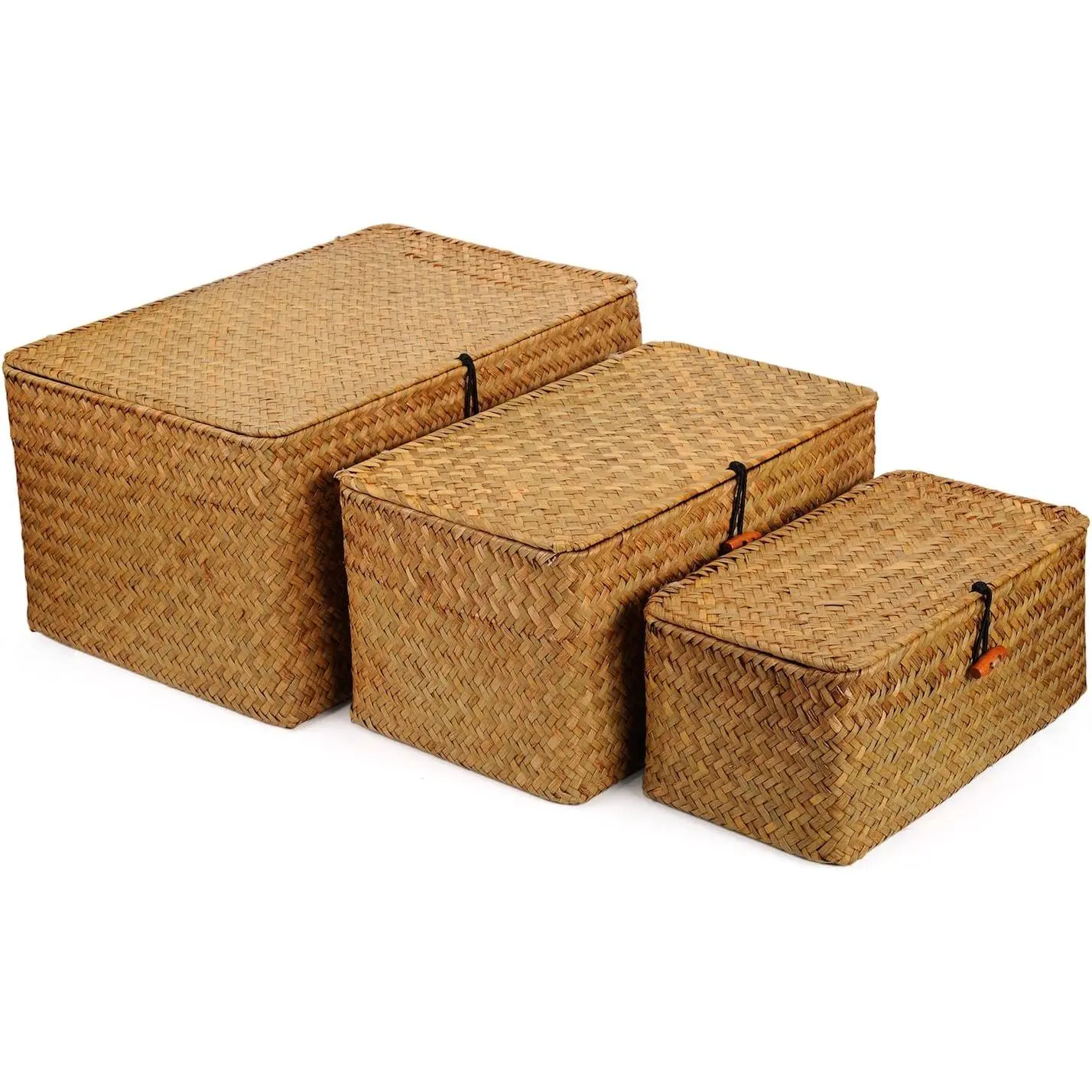 Woven Wicker Storage Bins with Lid, Seagrass Basket for Shelf Organizer, Extra Large, Set of 3