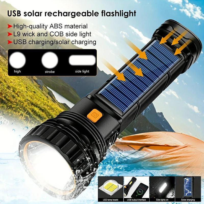 Portable Outdoor Solar Flash Light, USB Rechargeable Handheld Bright Flashlight for Men, Outdoor Flashlights, Multifunctional Emergency LED Torch Light For Camping