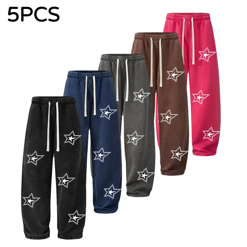 Unisex Cotton Blend Loose Fitness Trousers - Hollow Star Pattern, Vintage Washed Effect, Elastic Mid Waist, Extra Large Size, Hip-Hop Streetwear Outfits