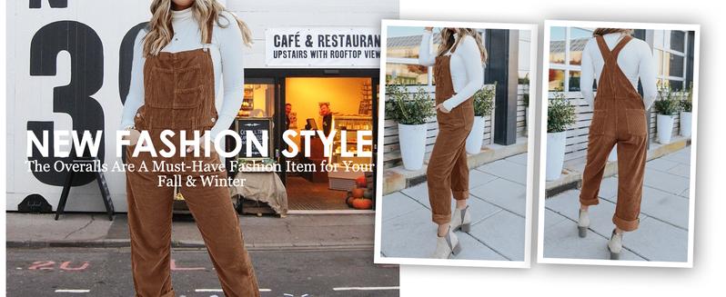 Women's Corduroy Overalls With Adjustable Straps, Baggy Bib Jumpsuit, Casual With Pockets