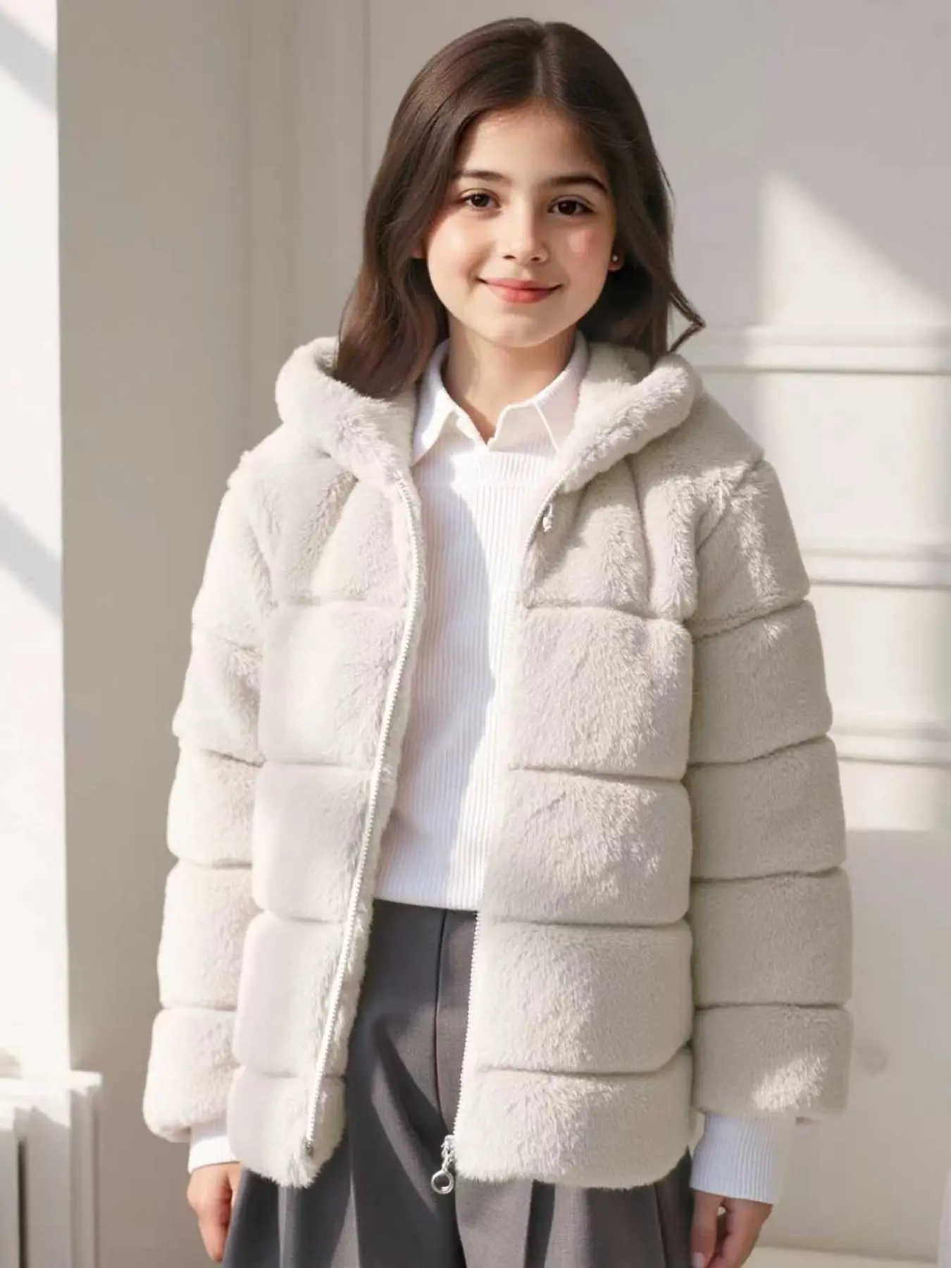 Girls' Hooded Plush Zipper Jacket, Warm and Cozy Winter Outerwear, Casual Kids' Coat for Cold Weather, Perfect for Daily Wear, Teddy Bear Coat