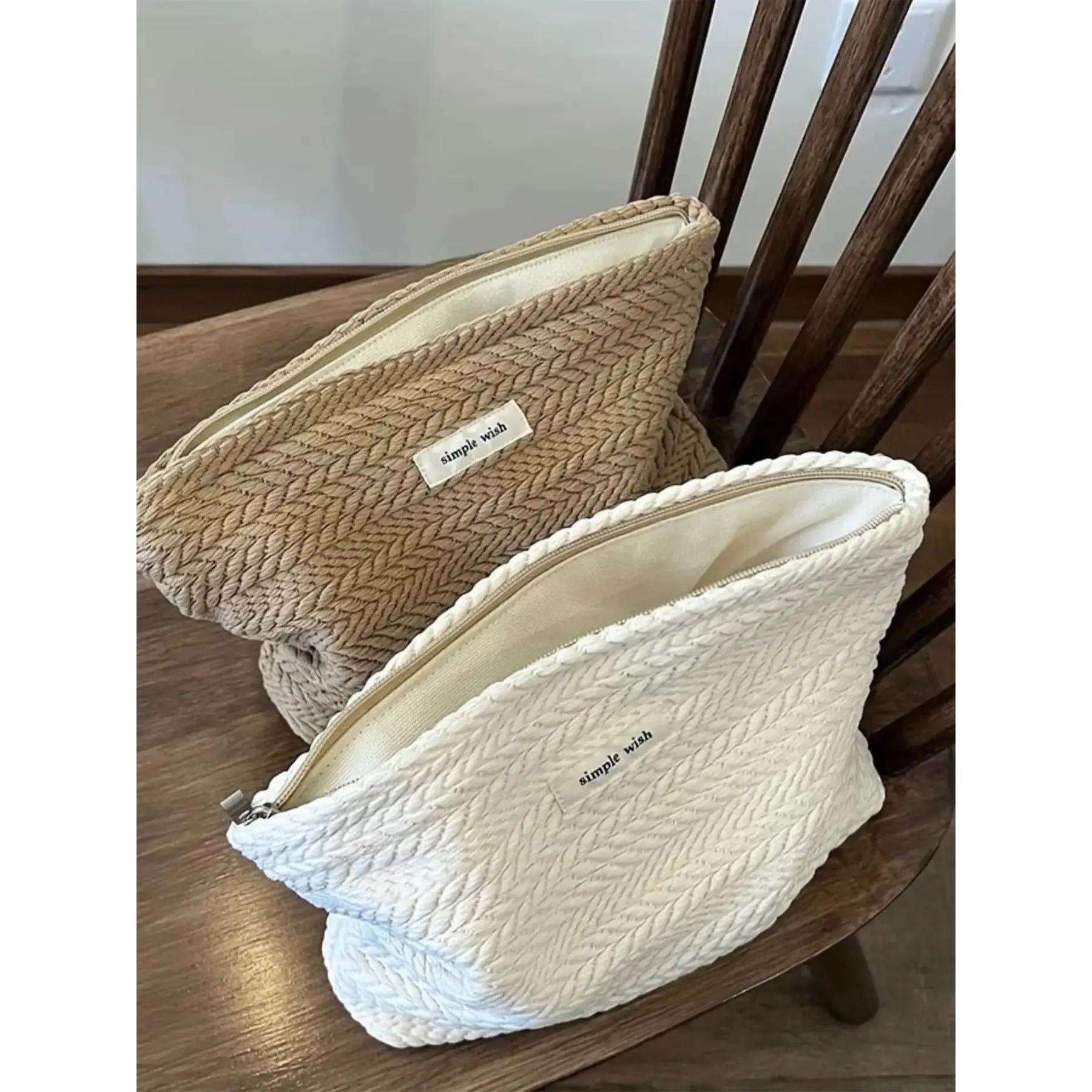 1pc Makeup Bag, Poly Cotton Zipper Bag, Textured Cosmetic Pouch for Women, Vintage Cosmetic Bag, Travel Cosmetic Bag, Travel Essentials, Makeup Storage Bag