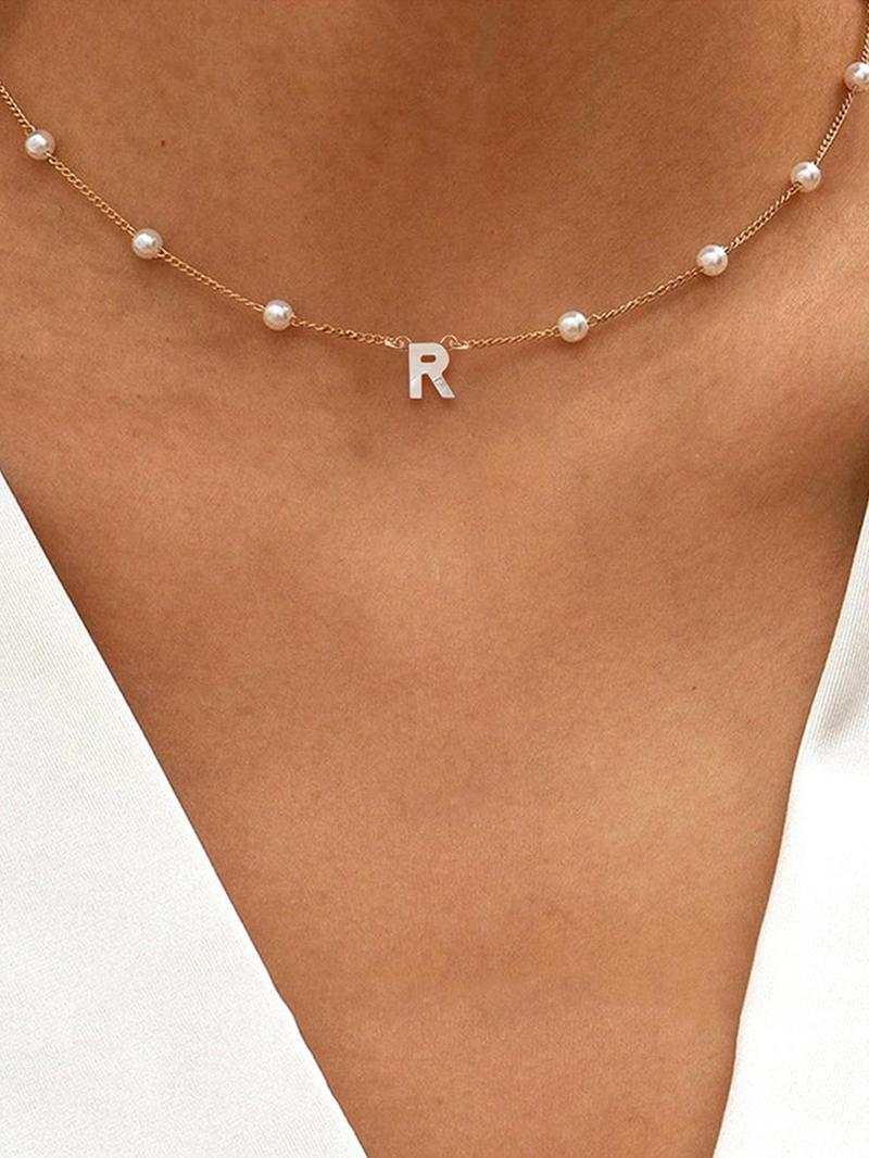 Elegant Letter Detail Faux Pearls Decor Pendant Necklace for Gift, Stainless Steel Casual Matching Necklace Jewelry, Classic Fashion Accessories for Daily Wear