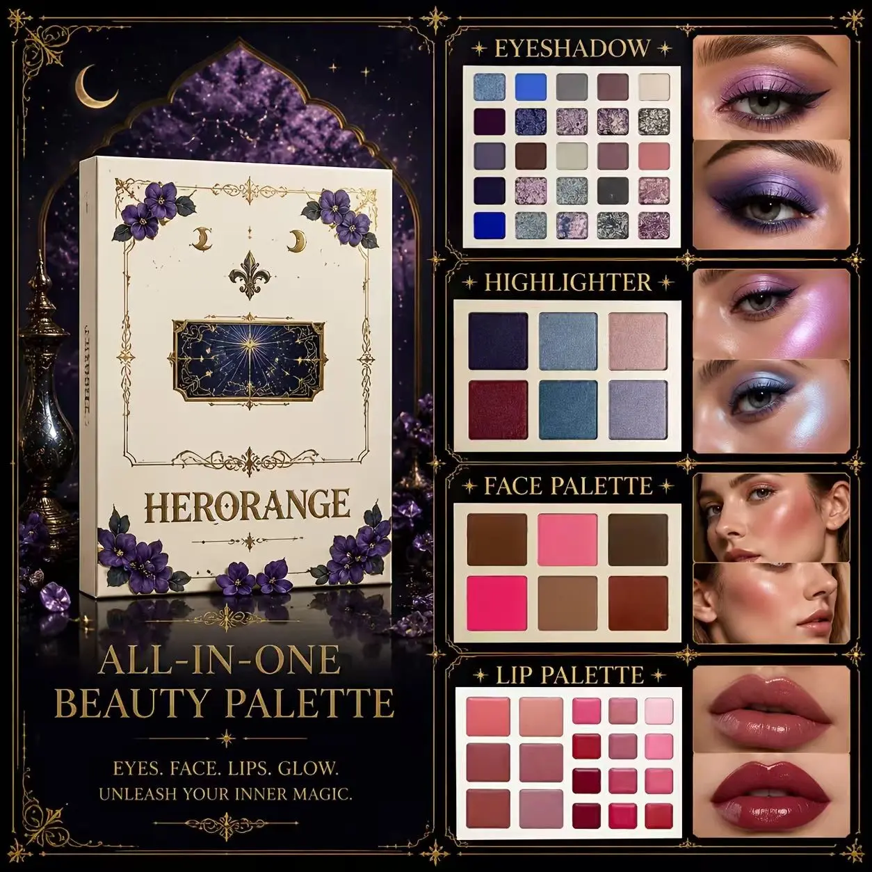 All-In-One Multifunctional Makeup Palette, Full Face Kit, Eyeshadow, Highlighter, Blush, Contour, Bronzer, Lip Cream, Pigmented, Long Lasting, Gothic, Halloween, Cosplay