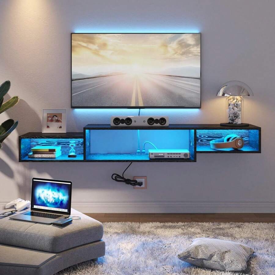 Classic 59" Wall-Mounted TV Stand, Floating TV Shelf with LED Lights and Power Outlet for Cable Box Audio Video, Living Room Bedroom Indoor Furniture (Black/Brown), Wall Mount Classic 59" Wall-Mounted TV Stand, Floating TV Shelf with LED Lights and Power Outlet for Cable Box Audio Video, Living Room Bedroom Indoor Furniture (Black/Brown), Wall Mount
