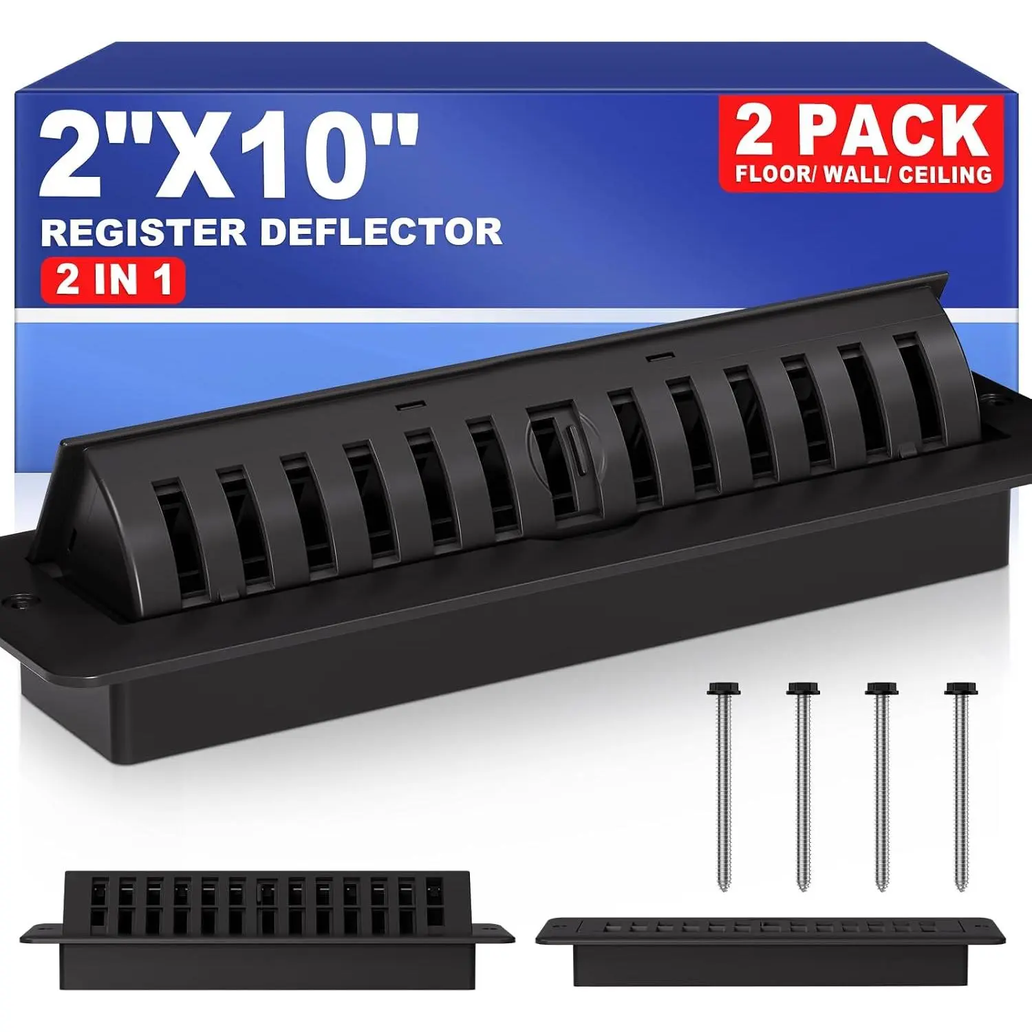 2x10 Floor Register with Vent Deflector 2 in 1 Adjustable Floor Vent Covers | Fit 2"x10" Duct Opening, Includes 4 Mounting Screws, Floor & Wall Install, Durable ABS Grille, Compact Spaces, Black, 2 Pack