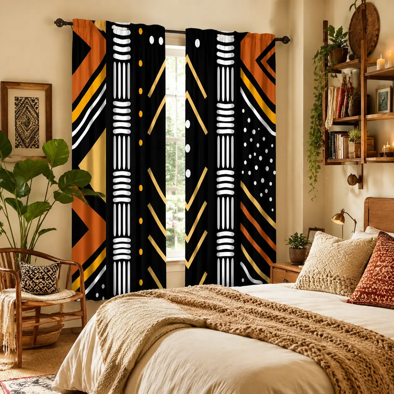 2-piece set of African mud cloth patterned curtains, featuring tribal geometric design, digital printing, and semi transparent curtains suitable for home windows, Home Decoration Curtain, Home Decorative Curtain