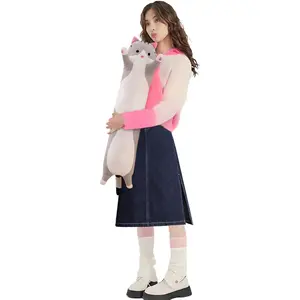 Lovely Plush Cat Doll Cute Cartoon Soft Kitten Long Throw Sleeping Pillow Toy Gift for Kids Girlfriend Multiple Size (Grey,70cm/27.5in)