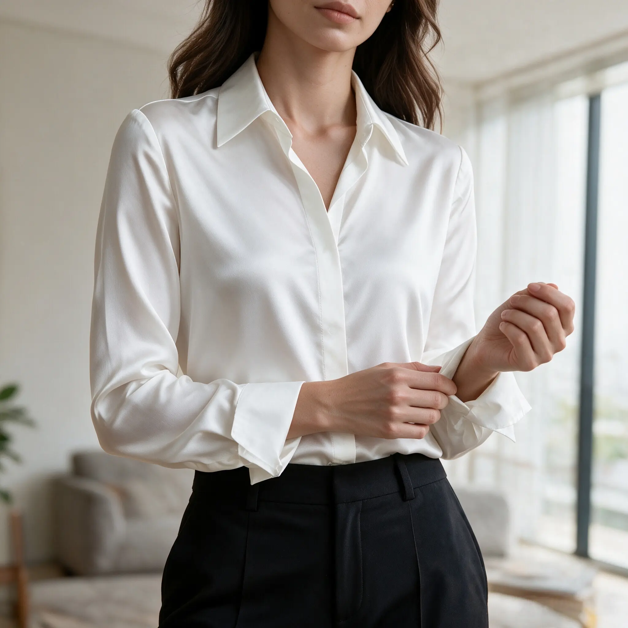 2026 Fall Women's Satin Blouse, Solid Color Lapel Collar Long Sleeve Button Down Shirt, Elegant Casual Office Wear Top, Weekend Outing Commute Satin Shirt, Comfortable Elegant Casual Top