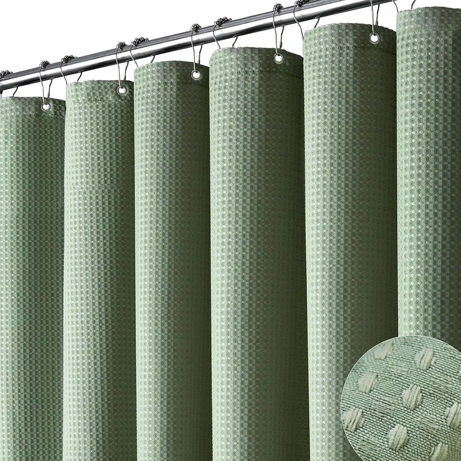 Sage Green Shower Curtain - Waffle Textured Heavy Duty Thick Fabric Shower Curtains for Bathroom, 256GSM Luxury Weighted Polyester Cloth Bath Curtain Set with 12 Plastic Hooks, 72Wx72H,Green
