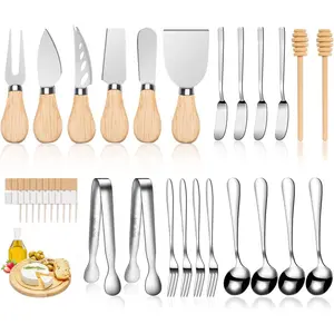 LifeMusican Charcuterie Board Accessories Wooden Cheese Spreader Knive Set, Wood Handle Butter knives For Cheese Kit, Mini Cheese Knife Slicer With Tongs, Spoons, Forks,Honey Dipper (23 Pack)