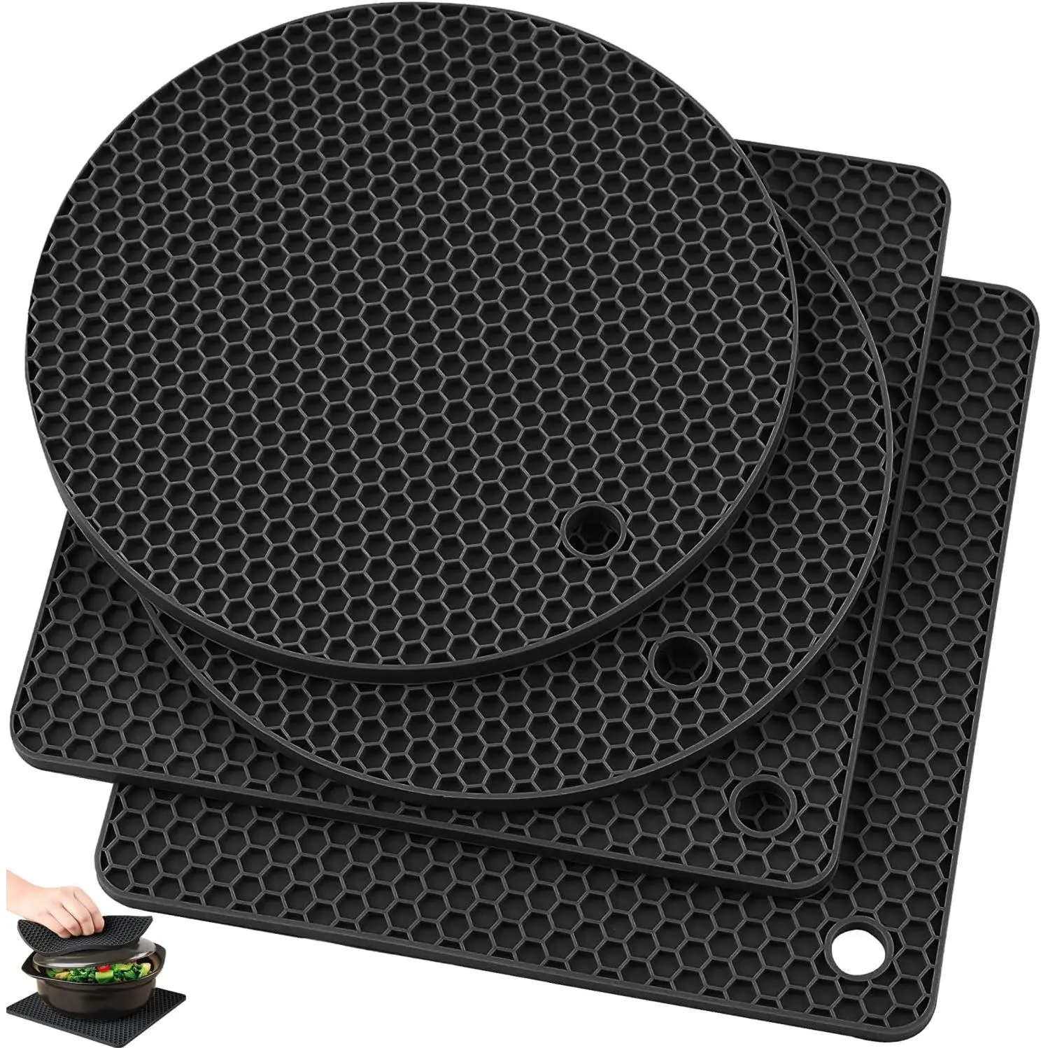 Trivet Pot Mat,  Pot Holders for Hot Pan and Pot Pads. Heat Resistant Counter Mats for Tables Placemats,Countertops, Spoon Rest and Large Coasters,4 Pack Black(2 Squared + 2 Round)