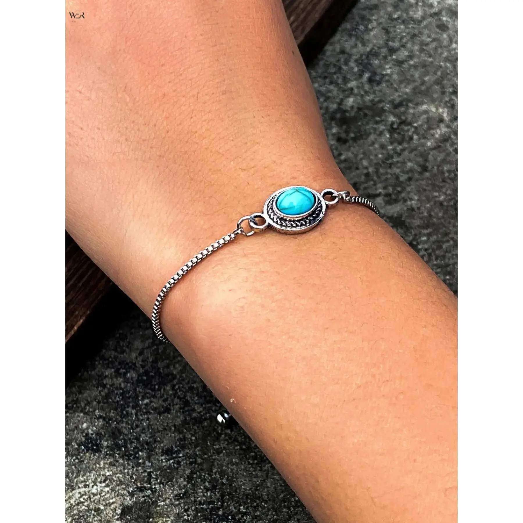 Unisex Vintage Oval Slider Faux Turquoise Box Chain Bangle - Antique Silver Tone, 4.3g, 20cm Max Adjustable Length, Minimalist Outfits Daily Wear Stackable Costume Jewelry Gift