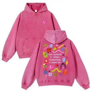 Cute Bug Print Pink Washed Hoodie The World Is Cruel Slogan 380g Autumn VIntage Washed Hoodie Graphic Sweatshirt