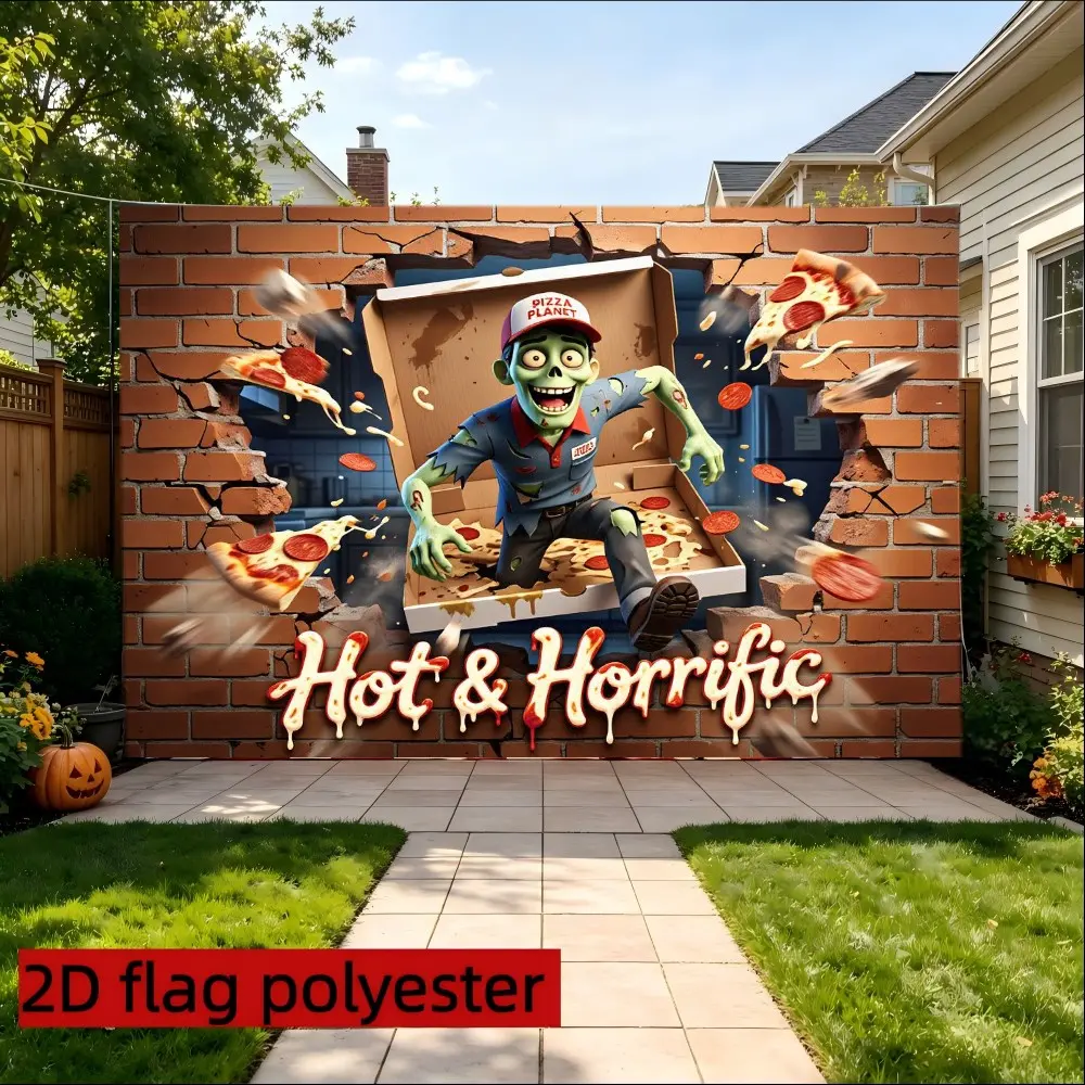 2D Flat Zombie Pizza Theme Decorative Background Cloth, Hot & Horrific Slogan Pattern, Indoor Outdoor Halloween Decoration, Room Decor, Gift