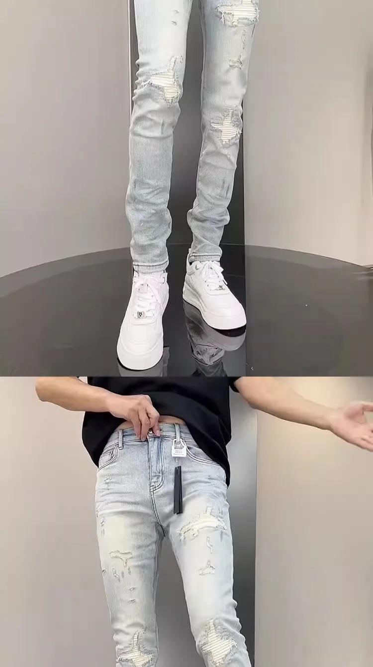 New Korean Luxury Clothing High Jeans for Men Fashion Slim Fit Pencil Pants with Holes Summer Casual Denim Trousers Male