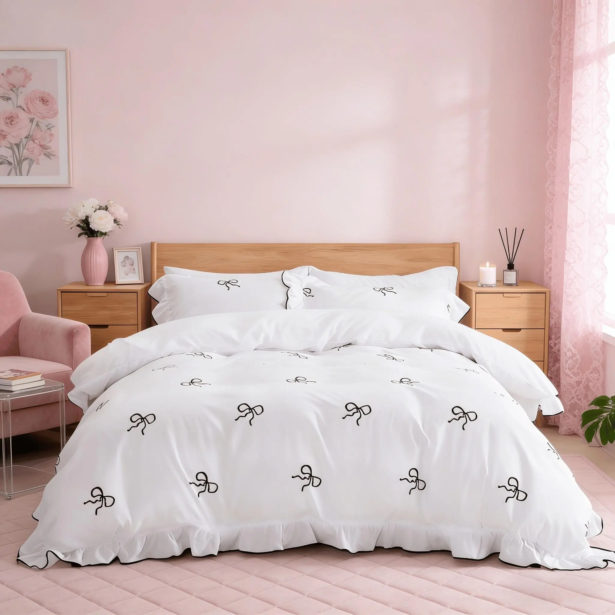 3Pcs Embroidered Edge Duvet Cover Set with Black Bows & Exquisite Ruffle Details, 1 Duvet Cover + 2 Pillowcases (No Inserts), Princess Style for Bedroom Decor, Ideal Birthday Gift, Bedding Set