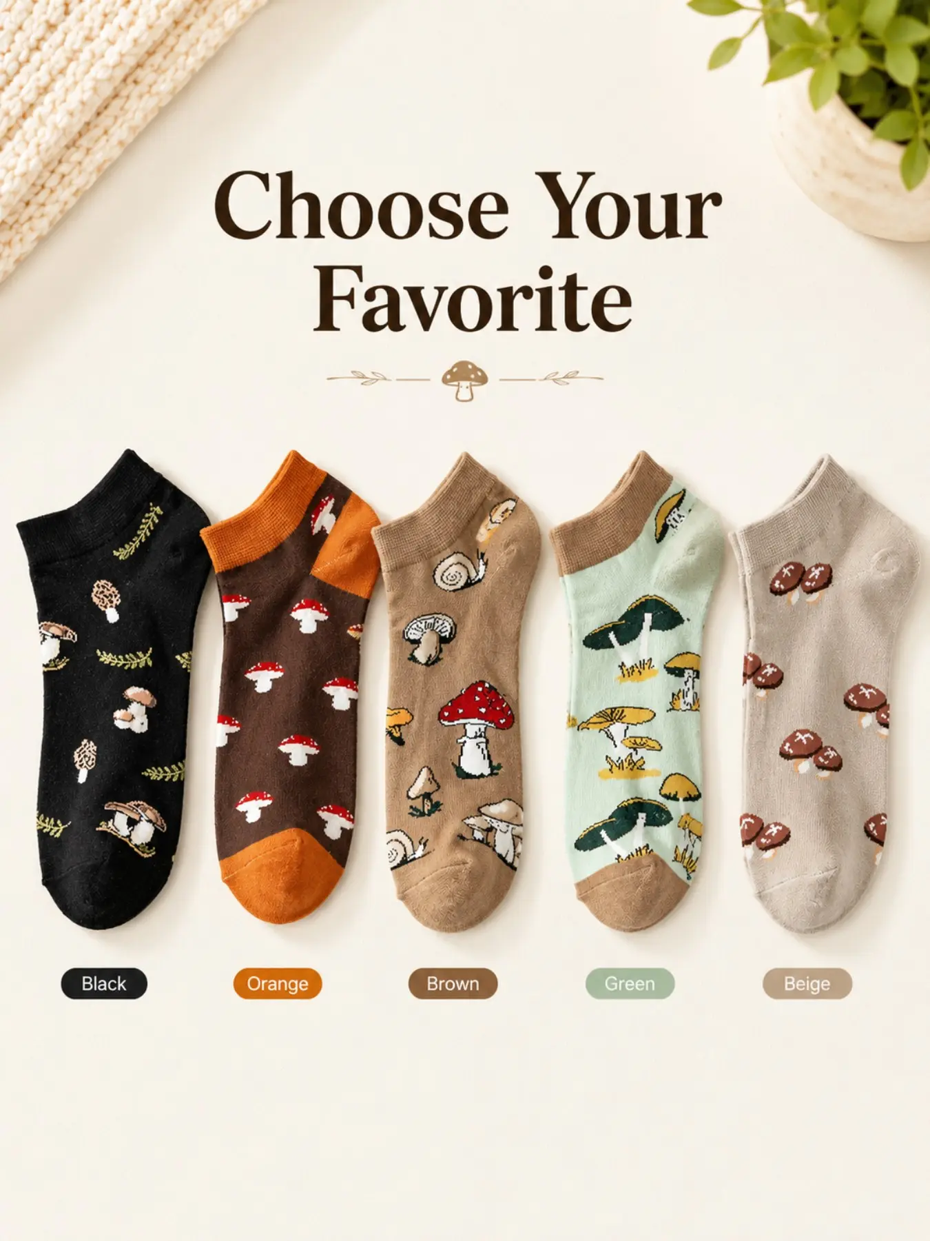 5 Pairs Women's Mushroom Print Invisible Socks, Cute Casual Short Socks, Soft Daily Mid-Calf Socks, Stylish Low-Top Sports Shoe Socks