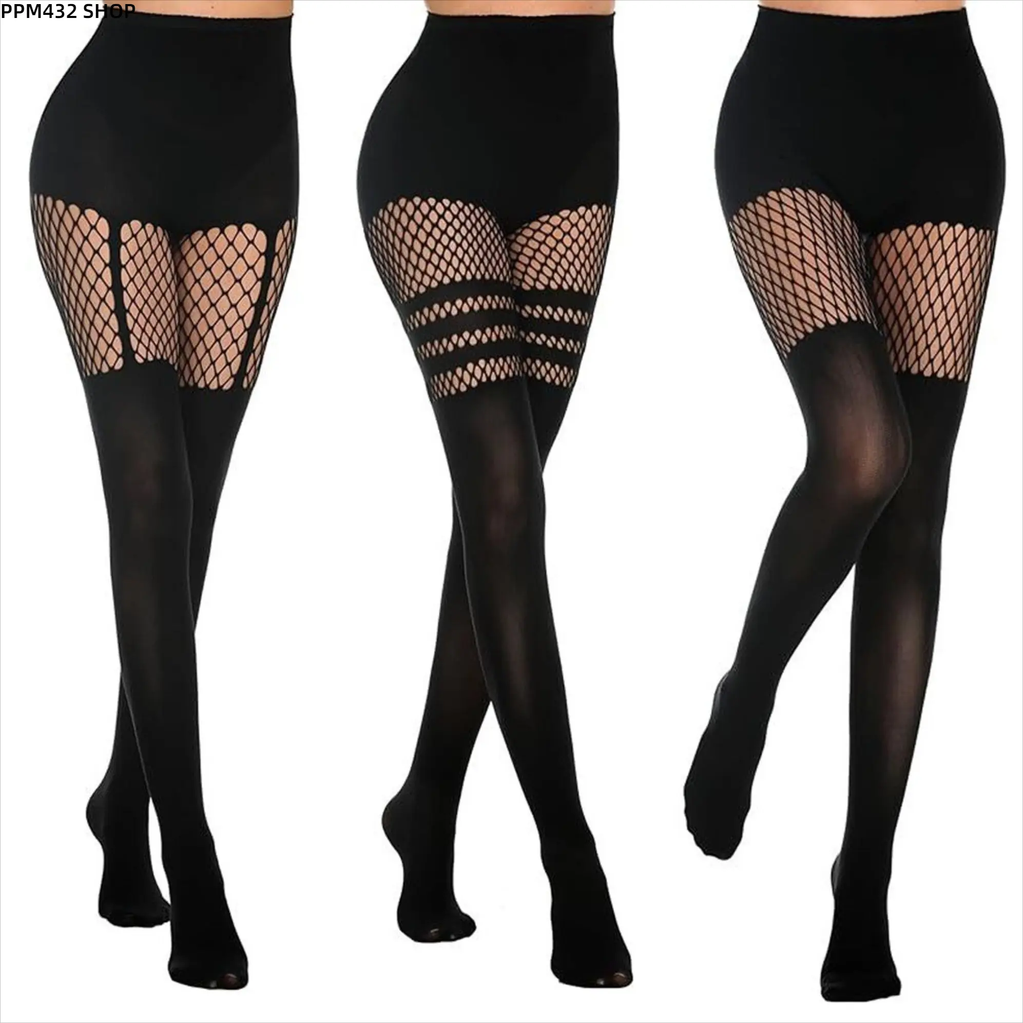 Women's 3-Pair Fake Suspender Mock Thigh-High Fishnet Grid Stockings, Stretch Lace Pantyhose Legwear for Female Party Wear, Costume Styling, Fake Suspenders