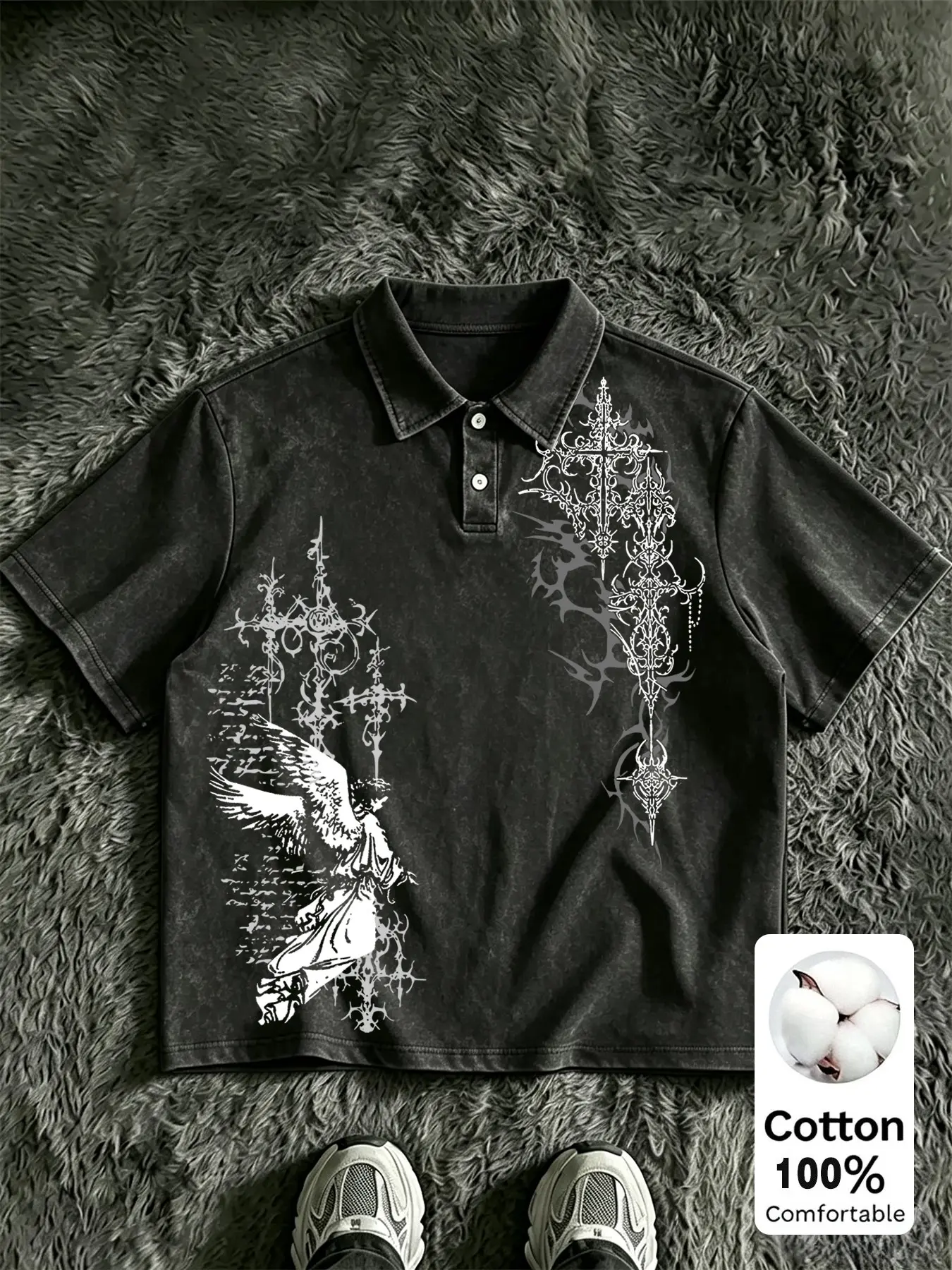 Men's Vintage Washed Short Polo Shirt, Gothic Angel Cross Print, Y2K Streetwear, Casual Button Front, Fitted Short Sleeve Top