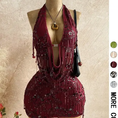 【Black Friday】Halter Sequin Fringe Crop Top & Mini Skirt Set for Women, Mesh Sheer Two Piece Outfit, Y2K Party Nightclub Rave Wear