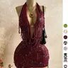 【Black Friday】Halter Sequin Fringe Crop Top & Mini Skirt Set for Women, Mesh Sheer Two Piece Outfit, Y2K Party Nightclub Rave Wear