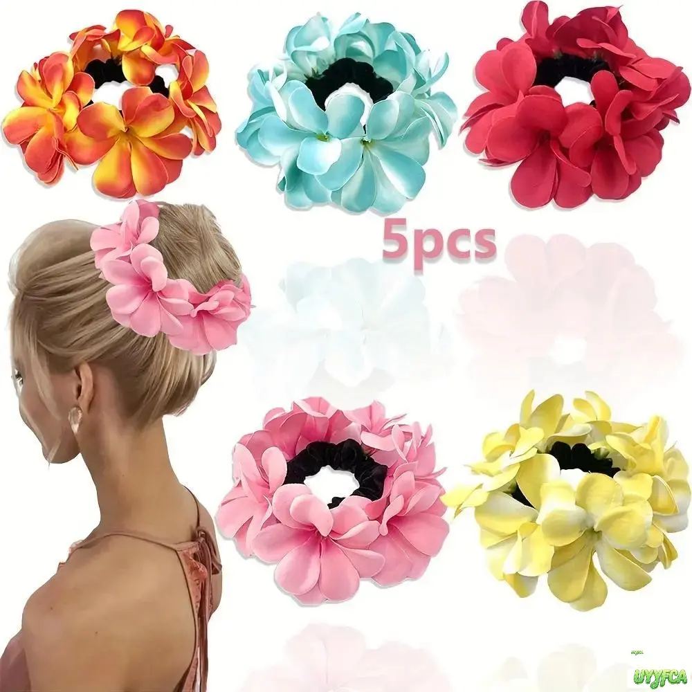 Women's 5-Pack Whimsical Artificial Plumeria Flower Scrunchies - Soft Velvet Base, Multi-Gradient Tropical Floral Hair Ties, Stretchy Non-Slip Ponytail Holders, Boho Charms & Twillies, Floral Accents Charms & Twillies for Beach Vacation, Summer Party
