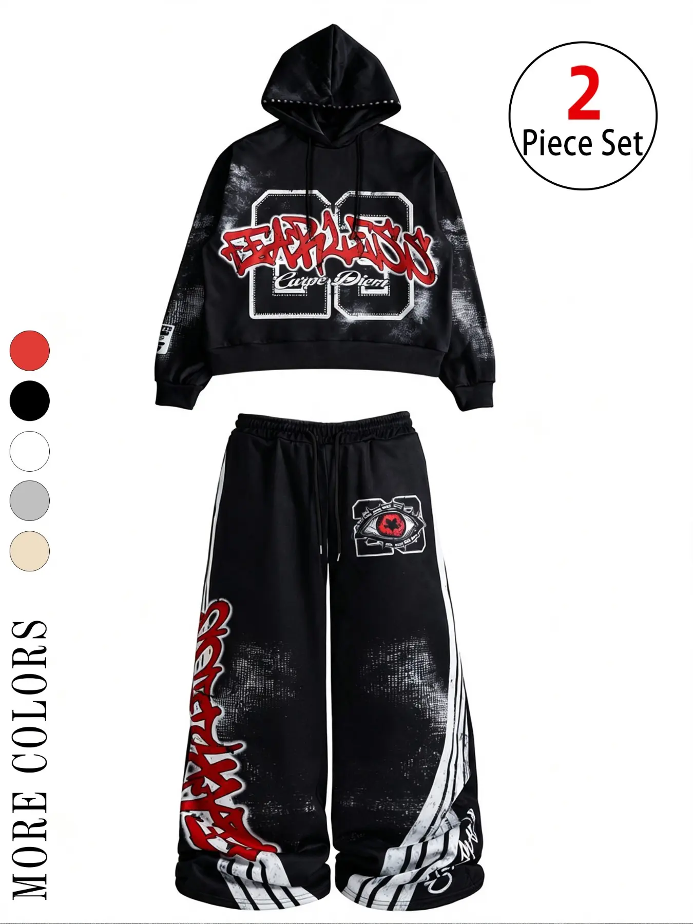 Women Hoodie Sweatpants 2 Piece Set,Y2K Grunge Cropped Baggy Wide Leg Tracksuit,Graffiti Gothic Eye Print Tie‑Dye Drawstring Loose Streetwear for Teen Girls,Hip‑Hop Dance Daily Fall Tiktok Viral Aesthetic Outfit Multi‑Colors