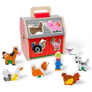 Take-Along Wooden Toy Barn, 11-Pc Portable Toddler Playset with Farm Animals & Pop-Up Roof, Preschool Learning Toys for Girls & Boys 2+