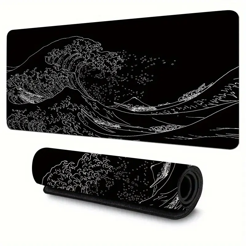 Japanese-style black wave mouse pad, extended gaming mouse pad, study mat, office mat, with edge stitching, rubber-bottom keyboard and mouse pad