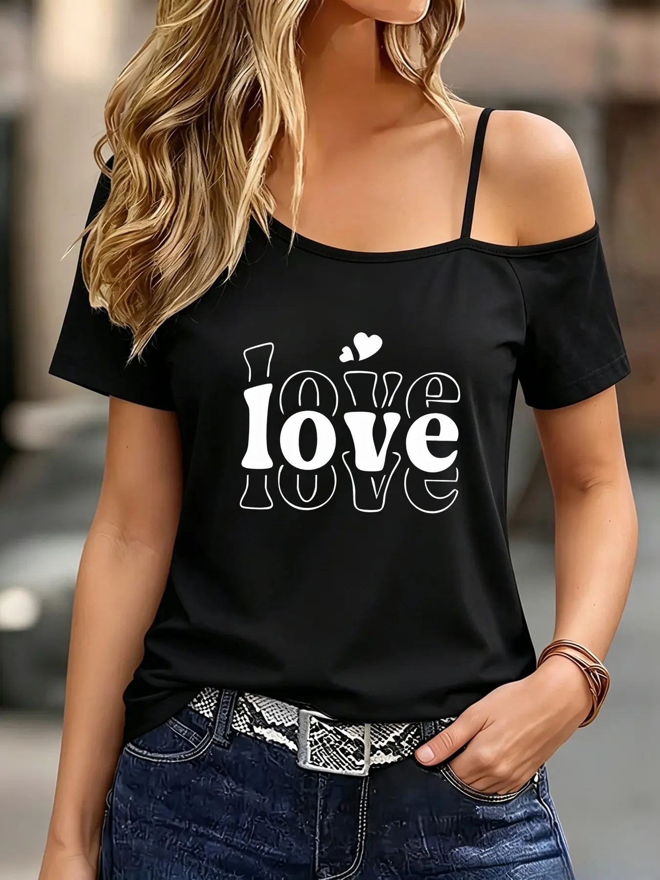 Women's Asymmetrical Neck Short Sleeve T-Shirt, Double Layer 'love' Print, One-Shoulder Strap Design, Summer Top, Casual Fashion