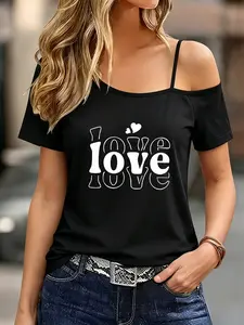 Women's Asymmetrical Neck Short Sleeve T-Shirt, Double Layer 'love' Print, One-Shoulder Strap Design, Summer Top, Casual Fashion