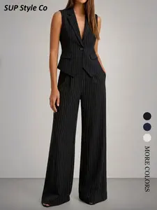 Women's 2-Piece Set: Striped Sleeveless Blazer Vest & Bell Pants, Vintage Professional Style, Suitable for Office, Formal Events, Spring Fall