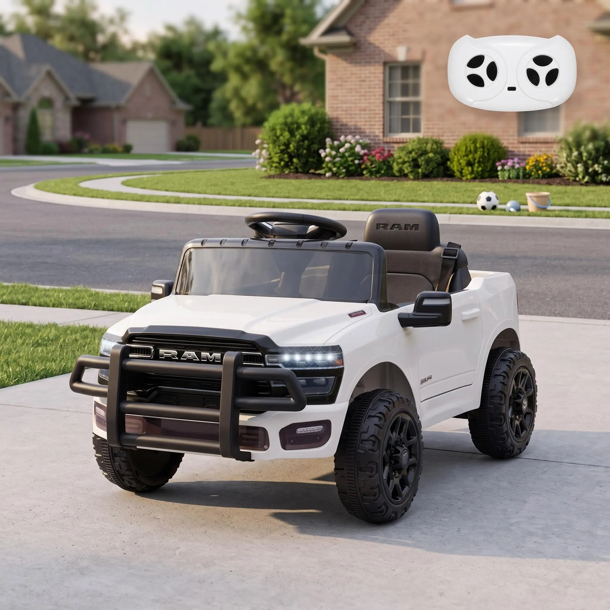 【IdealHouse】12V Licensed RAM Kids Electric Ride On Truck, Battery Powered Toy Vehicle with Remote Control, Music, LED Lights, Spring Suspension, 3 Adjustable Speeds, All-Terrain Tires, Ideal Gift for Boys and Girls