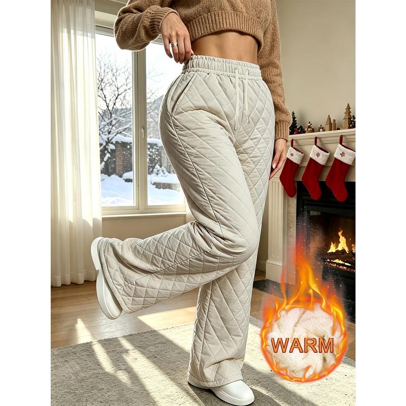 Rhombus Quilted Design Women's Fall Winter Windproof Thick Pants, Soft Plush Inner Lining, Smooth Draping Outer Shell, Cold‑Resistant Casual Long Trousers, Perfect for Daily Outings, Shopping and Office Work
