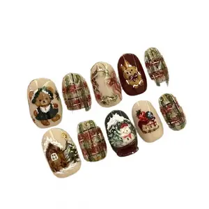 30pcs Christmas Hand-Painted Bear Snowflake Nails, Vintage Oil Painting Style, Almond Shape, Short Square, Festive Party Nail Art